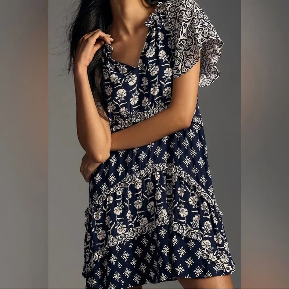 Anthropologie Navy and White Floral Dress